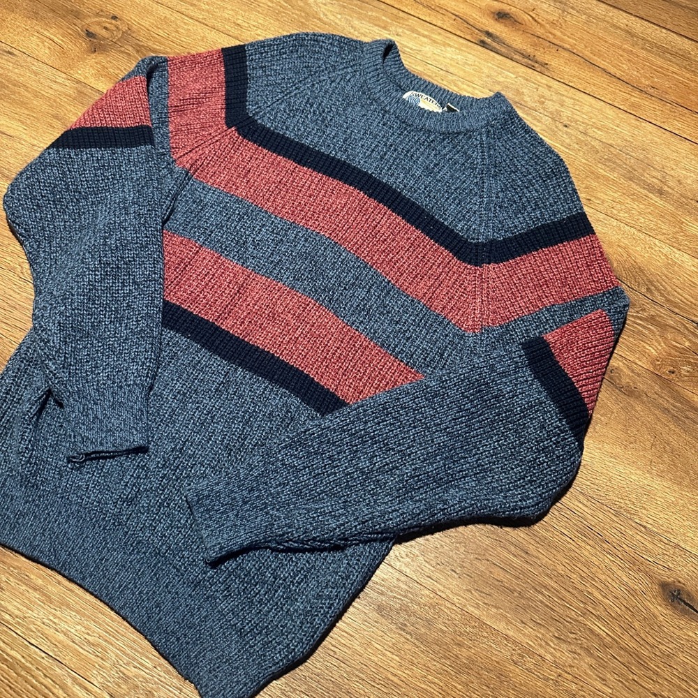 Vintage Sweaters Blue Burgundy Striped Knit Crewneck Pullover Mens Medium